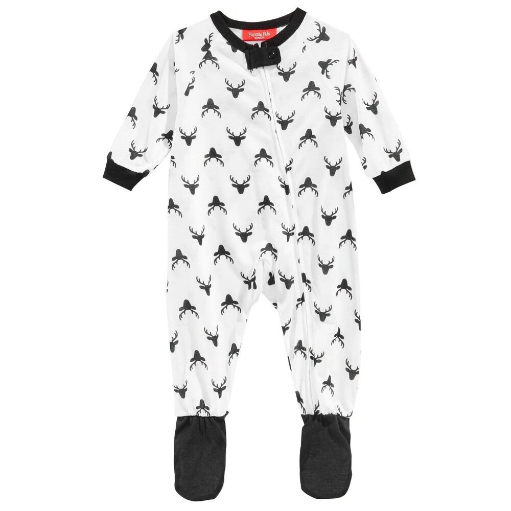 Family Pajamas Unisex Baby Boys or Girls One-Piece Footed PJs, White/Black Deer